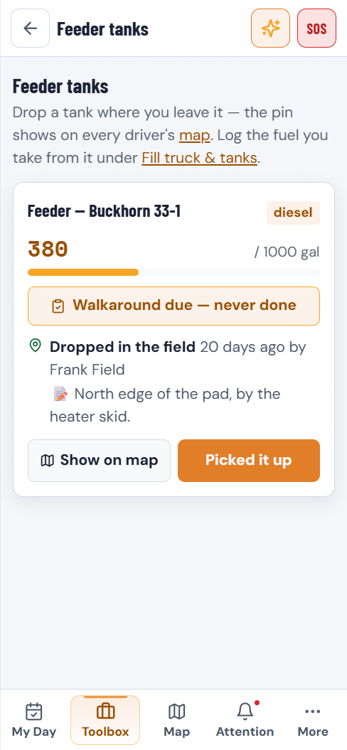 Blue Sage's card for a fuel tank left at a well site, on a driver's phone: 380 of 1,000 gallons of diesel, a monthly check due, set down 20 days ago at Buckhorn 33-1, with Show on map and Picked it up.