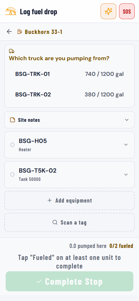 Blue Sage's Log fuel drop screen on a driver's phone: pick which truck you are pumping from, BSG-TRK-01 at 740 of 1,200 gallons or BSG-TRK-02 at 380, then the units at the well site.