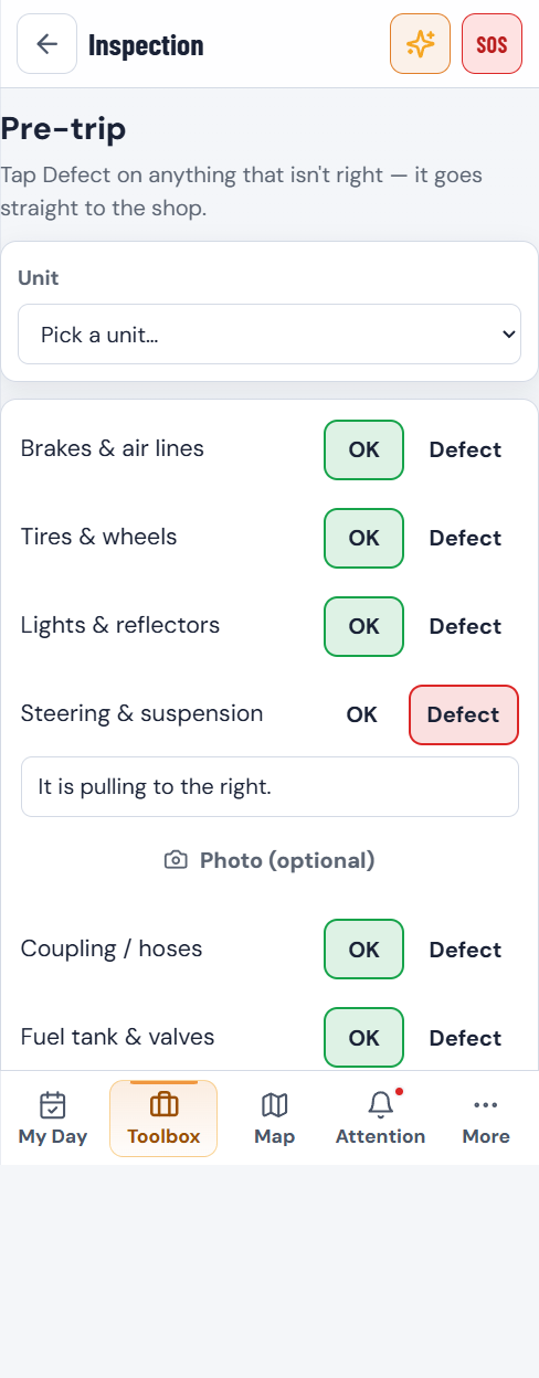 A driver’s inspection before the truck leaves, on the phone: steering marked Defect with the note “It is pulling to the right”, the rest OK.