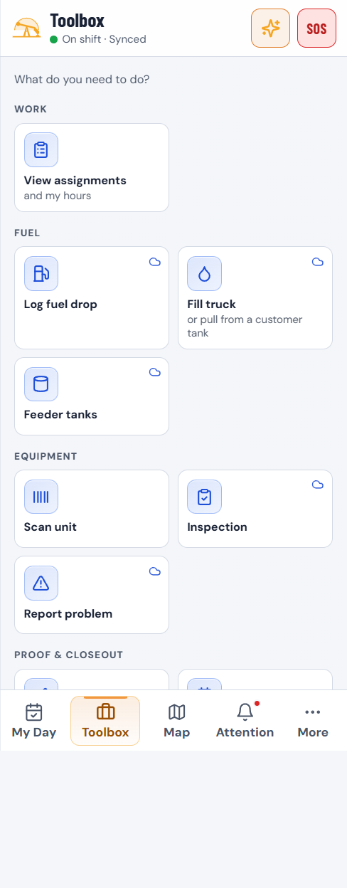 Blue Sage’s field toolbox showing offline-ready fuel, inspection, and problem-reporting tools.