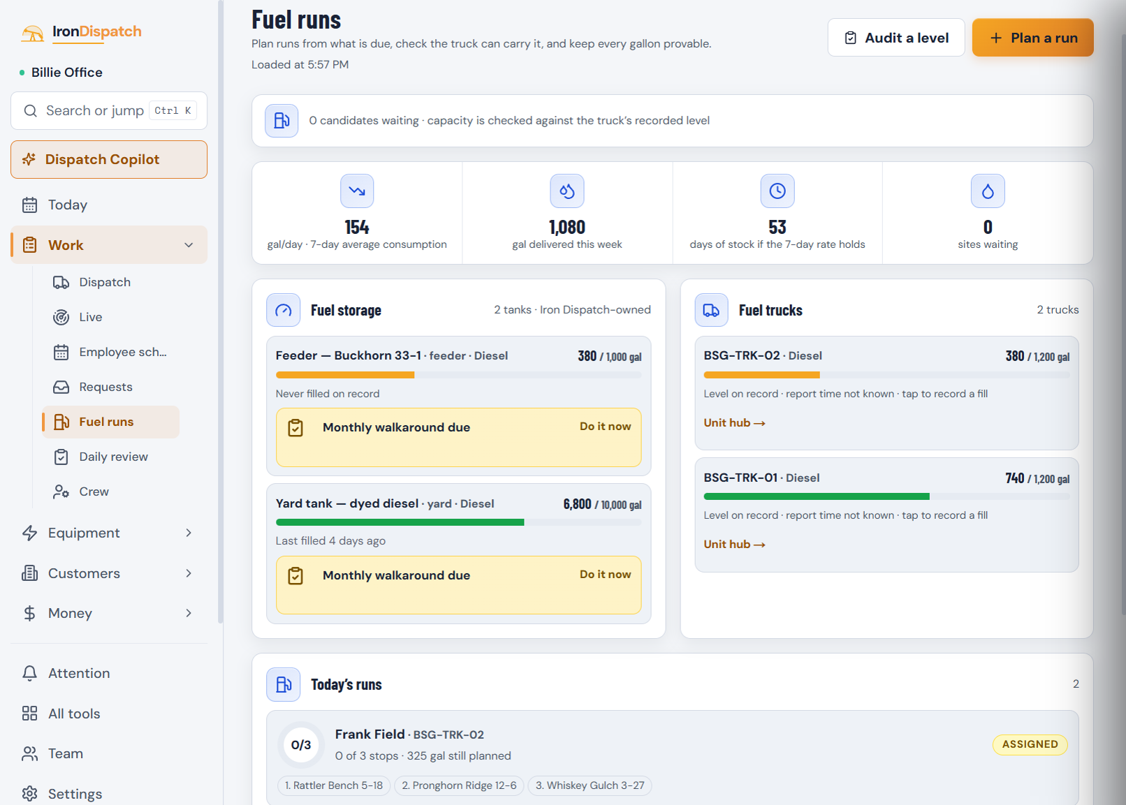 Blue Sage's Fuel runs screen: fuel levels for tanks and trucks with how old each reading is, and today's delivery routes with their stops.