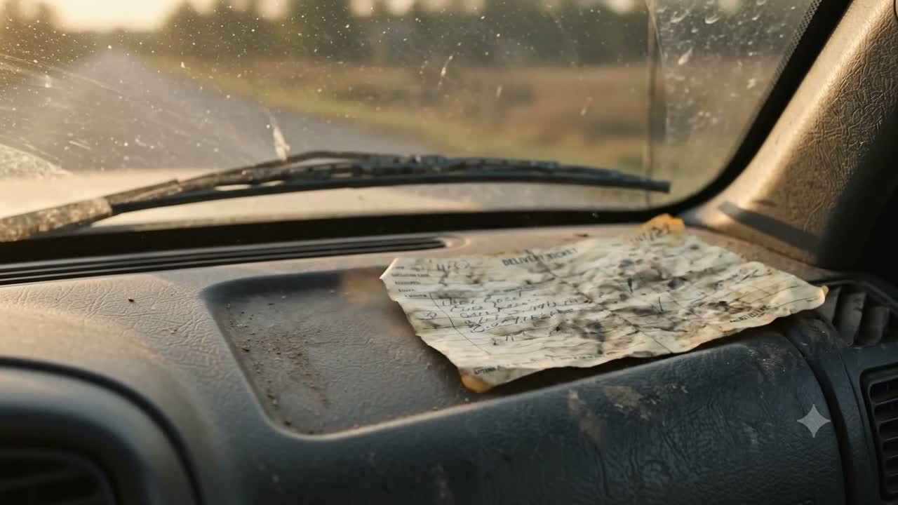 A creased paper delivery ticket lifting off a dusty truck dashboard, lit by low sun through the windshield.