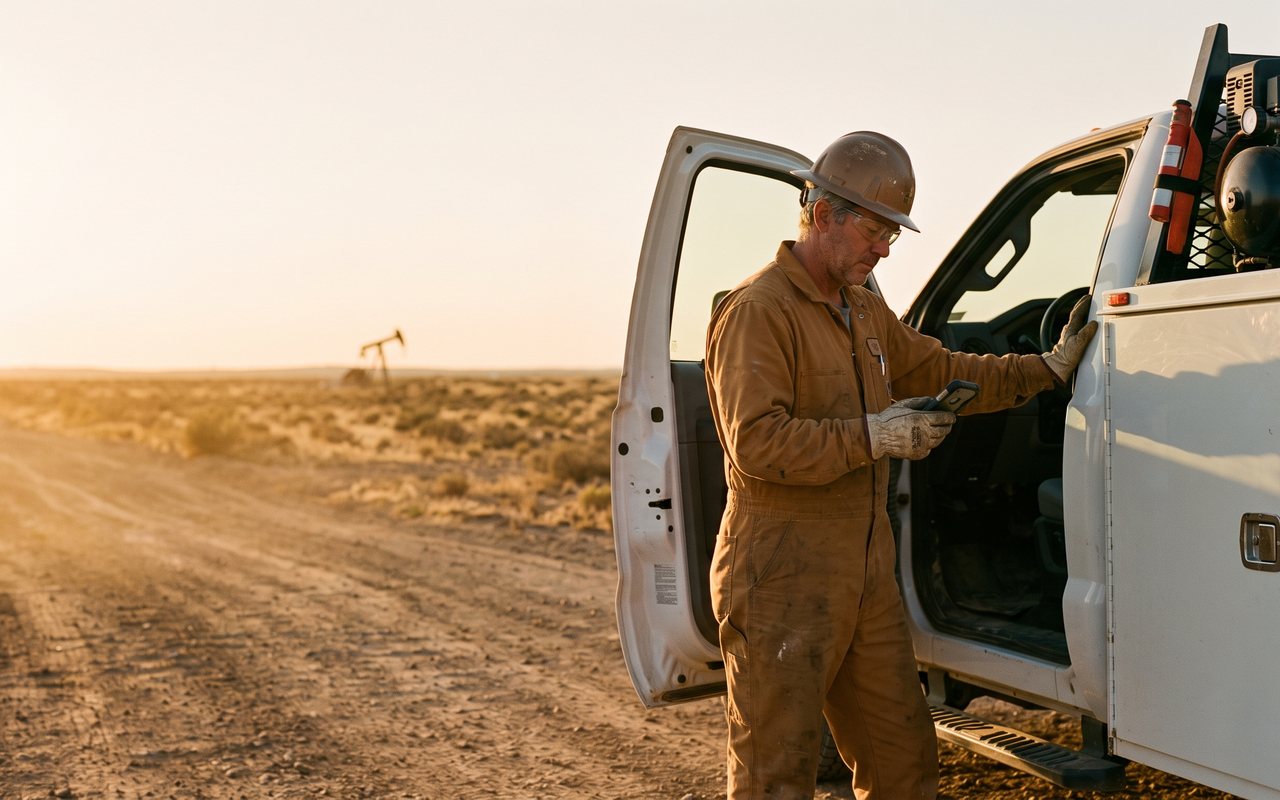 An operator in coveralls and a hard hat beside an open service-truck door on a dirt lease road, a pump jack small on the horizon.