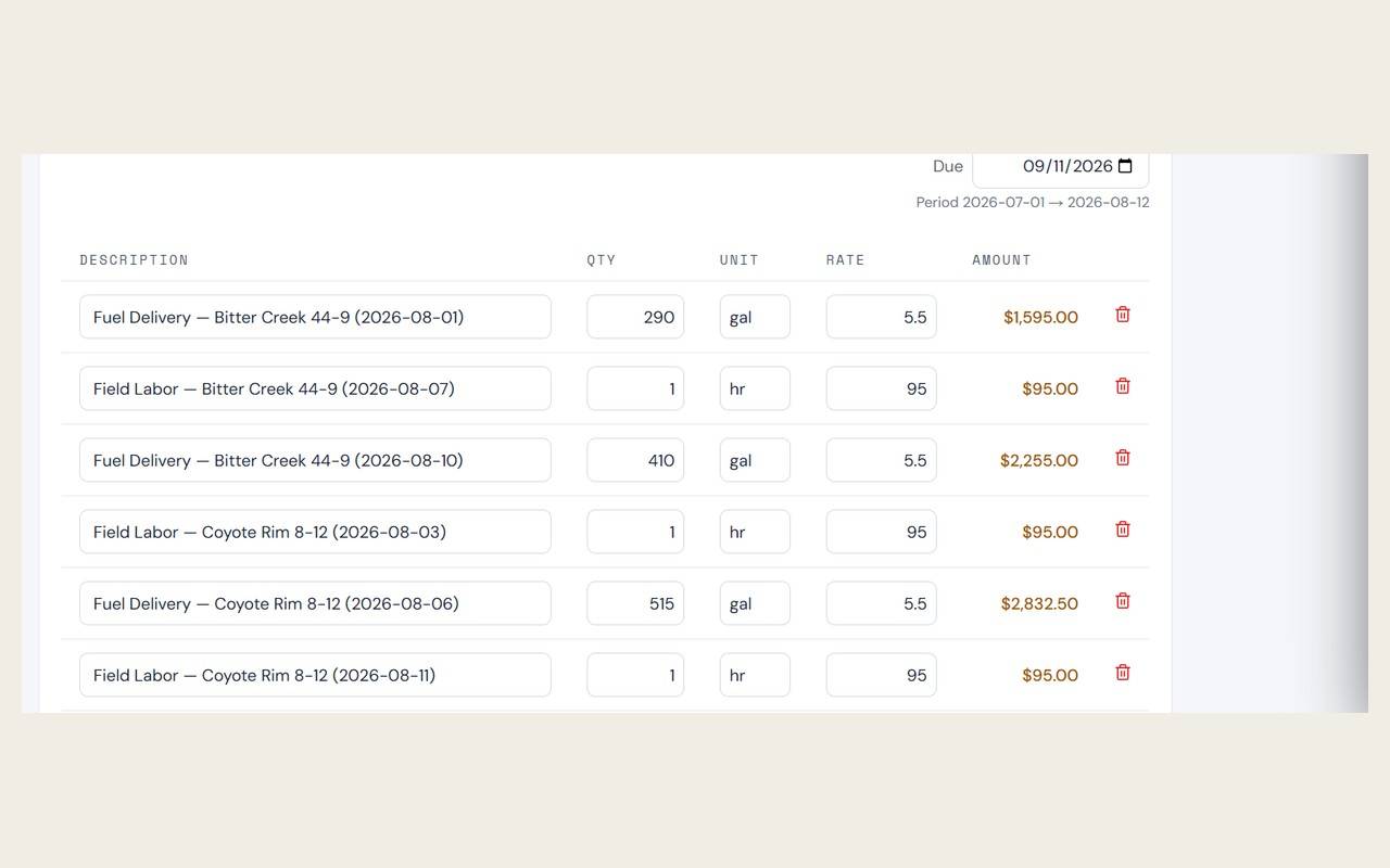 An invoice being built from twelve logged lines, with the delivery tickets listed under it and a QuickBooks sync chip.